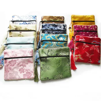 

12*12cm 10PCS multicolor Chinese zipper Coin tassel Silk Square jewelry Bags pouches wholesale Pearl Jasper beads pendant Bag