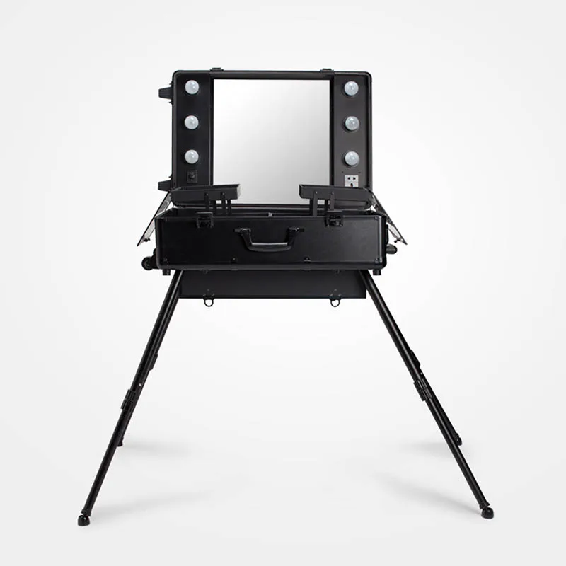 

1pc Large Pro Cosmetic Case With Light Lever Universal Wheel Cosmetic Case Black Bracket Mirror LED Bulb Cosmetic Box