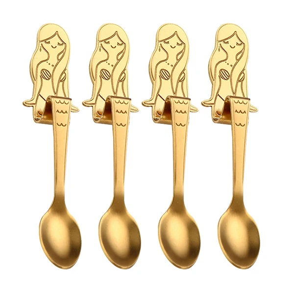 Gold 4 шт. нержавеющая сталь ложка набор Русалка кофе ложка сахар десертное Мороженое ложка, чайная ложка чашки суп Висячие ложки кухня инструменты - Цвет: Gold