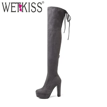 

WETKISS 2018 Latest Women Stretch Over Knee Boot Faux Suede Thick High Heels Platform Boot Zipper Lady Shoes Winter Big Size