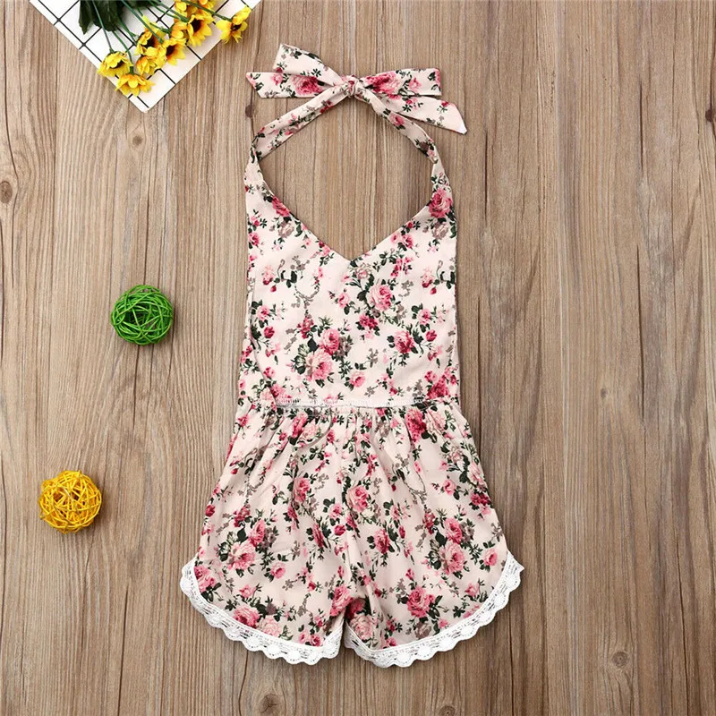 Newborn Floral Romper With Headband 2019 Cute Infant Baby Girl Halter Cotton Floral Romper Summer Sleeveless Jumpsuit 3-24M