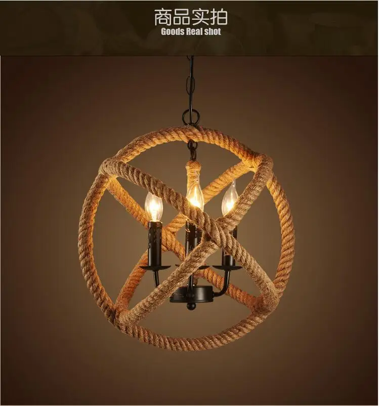 

American retro industrial Iron hemp rope Pendant Lights Round restaurant cafe bar retro personality stairs lighting E14 3 Lamps