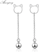 Anenjery, милые, модные, 925 пробы, Серебряный Кот, колокольчик, длинные серьги с кисточками для женщин, рождественский подарок, S-E675