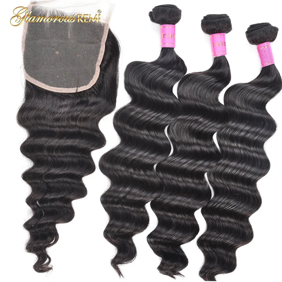 Indian Loose Deep 3 Bundles Loose Wave Deep Wave Curly Human Hair Extensions with 4\ Indian Loose Deep 3 Bundles Loose Wave Deep Wave Curly Human Hair Extensions with 4\