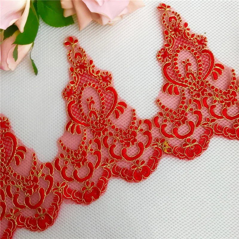 

9Yards Gold Thread Red Embroidered Lace Trim Floral Lace Appliques Delicate Wedding Trim Embellishment For Bridal Accessories