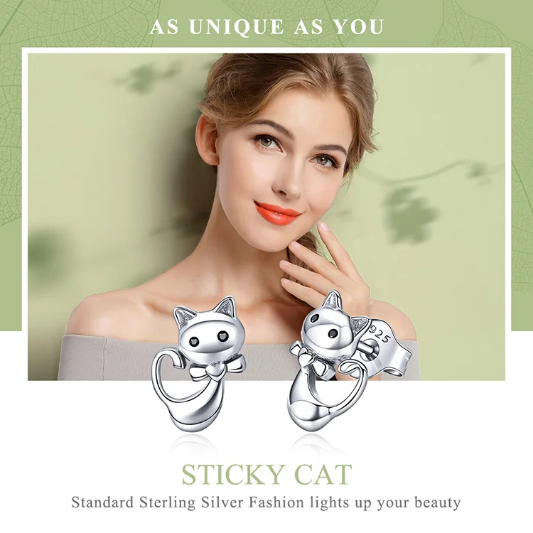 Серьги BISAER Cat, 925 пробы, серебряные серьги-гвоздики с животными для женщин, модные ювелирные изделия для девочек, подарок для детей, Brincos HSE450