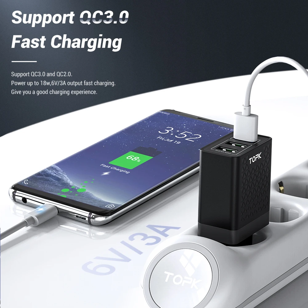 Быстрое зарядное устройство TOPK B354Q с 3 портами USB 30 Вт многофункциональное для iPhone