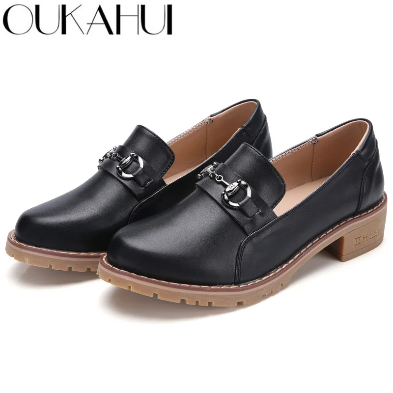 

OUKAHUI British Style Mid-Heel 4cm Oxford Shoes Spring For Women Horsebit Buckle Square Heel Silp-On Leisure Shoes For Women 868