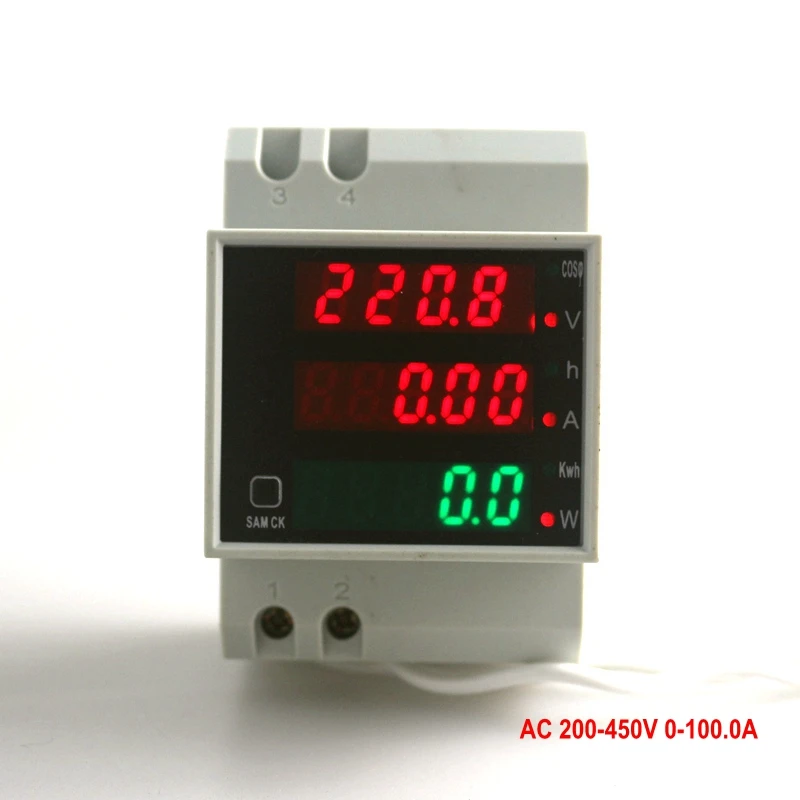 Цифровой вольтметр Ammter Напряжение амперметр переменного тока рабочего времени на din-рейку светодиодный Мощность светодиодный Дисплей AC 220V 450V 100A 4 цифры 3 в 1