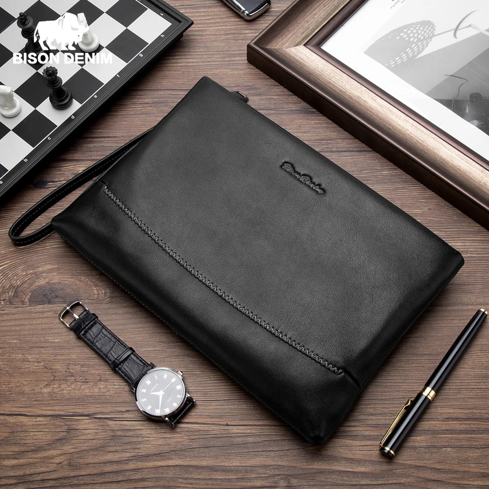

BISON DENIM Cowskin Leather Clutch Bags For Men Genuine Leather Long Wallet Zipper Pocket Designer Brand Men Phone Purse N8248-1
