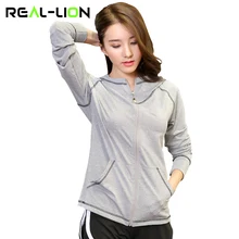 RealLion Yoga Shirt Korean Style Long Sleeve Front Zipper Hoodie With Pockets Polyester Fabric Coat Sports Sweater