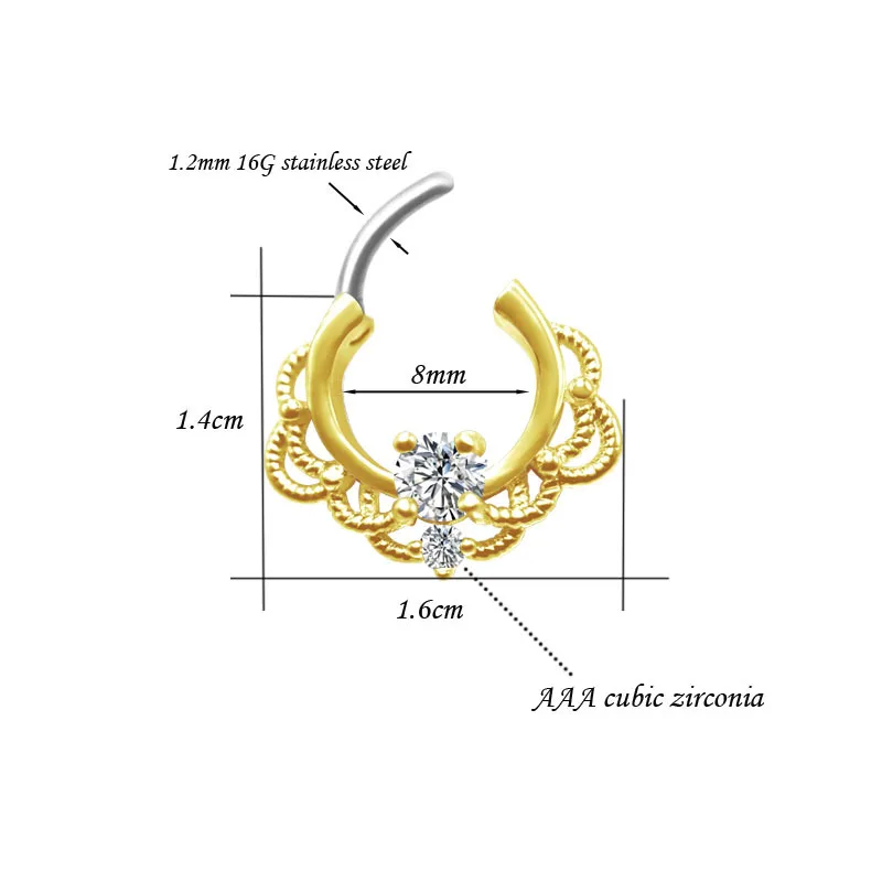 Sexy Women's Nose Rings Septums Clicker Click-on Piercing Nose Stainless Steel Cubic Zirconia 16G 8mm Silver Gold High Quality 2