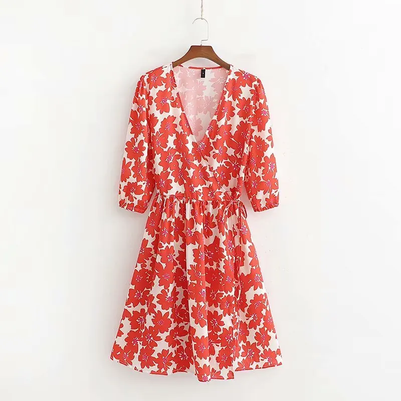 European and American fashion red flower print dress XD43-1950