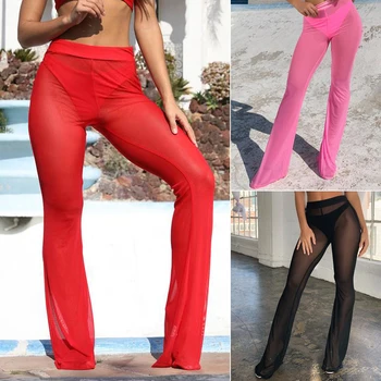 

Summer Fashion Wide Leg Pants Women Casual Beach Full Length Sexy Trousers Thin Mesh Flare Pants Solid Lightweight Gift #2