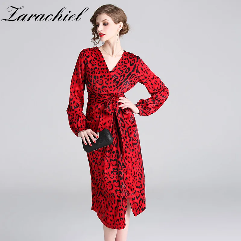 Vintage Red Leopard Print Dress Women Sexy V Neck Long Lantern Sleeve