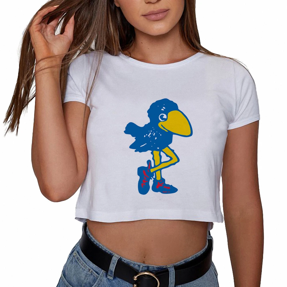 Летний Kawaii женский укороченный Топ Винтаж Jayhawk принт женские футболки Свободная