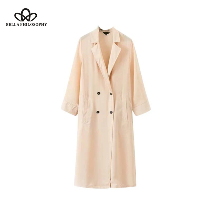 

Bella Philosophy women elegant solid loose long trench coat double breasted pockets side split outerwear ladies casual long tops