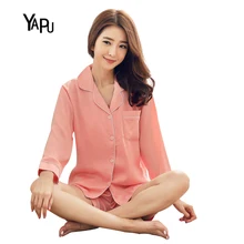YAPU Spring and summer thin section long-sleeved cardigan pajamas suit women’s harness vest + shorts + jacket silk home service