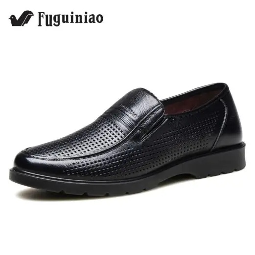 Летняя Мужская дышащая деловая обувь!! FUGUINIAO натуральная кожа Перфорированные Мужские модельные туфли/черный, коричневый - Цвет: Черный