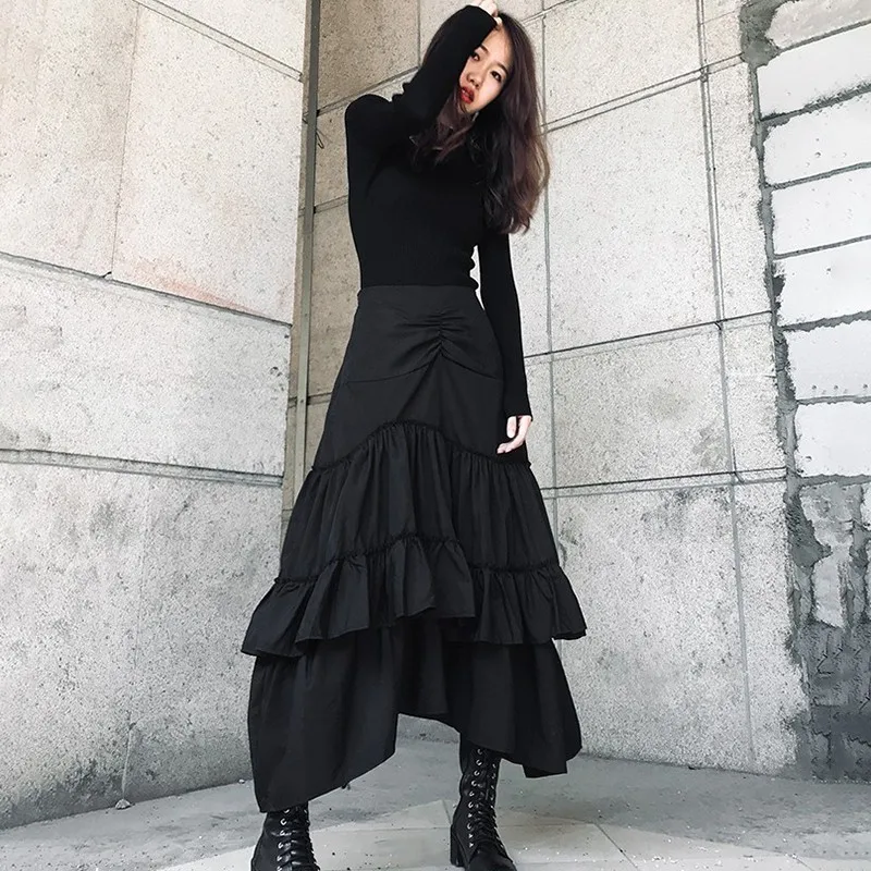 TWOTWINSTYLE Лоскутная юбка русалки с оборками женская черная юбка миди с высокой талией Женская Осенняя Повседневная модная Корейская одежда
