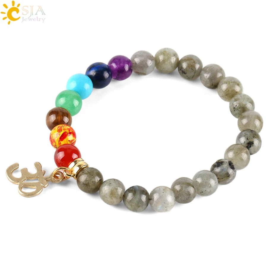 

CSJA 8mm Women Labradorite Spectrolite Bracelets Natural Stone Loose Beads OM Buddha Charms 7 Chakra Meditation Men Bangles E447