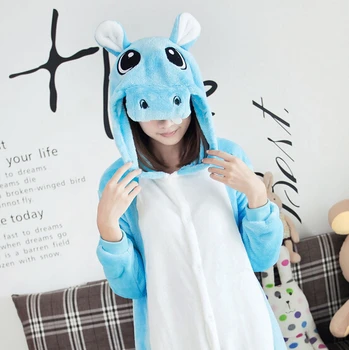 

High Quality Wholesale Blue Hippo Unisex Flannel Hoodie Pajamas Costume Cosplay Animal Onesies Sleepwear For Men Women Adults