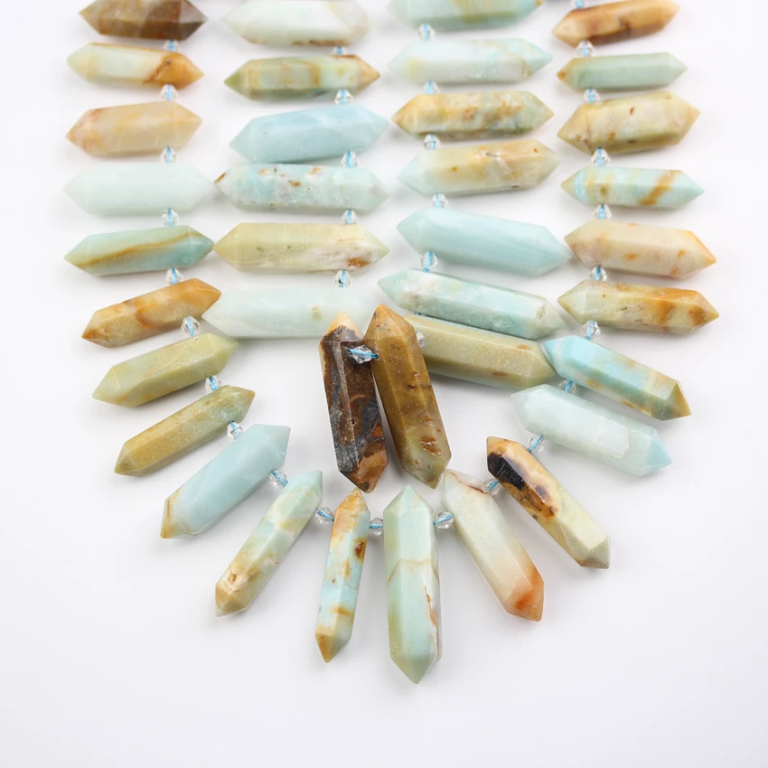 

Full Strand Natural Amazonite Stones Double Points Beads Jewelry Bulk,Top Drilled Smooth Raw Stones Sticks Pendant Necklace