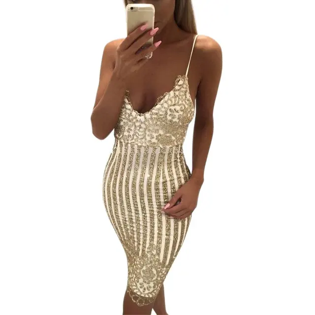 Sexy Vestidos Summer Party Dresses Women Cocktail Deep V Golden Sequins Bodycon Backless Dresses Large Size Dress 1