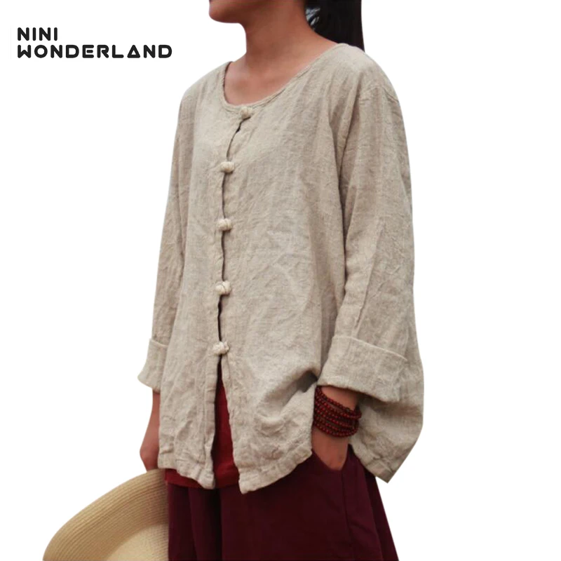 

NINI WONDERLAND New Spring Autumn Women's Long Sleeve Round Collar Blouses & Shirts Loose Casual Cotton Linen Cardigan Plus Size