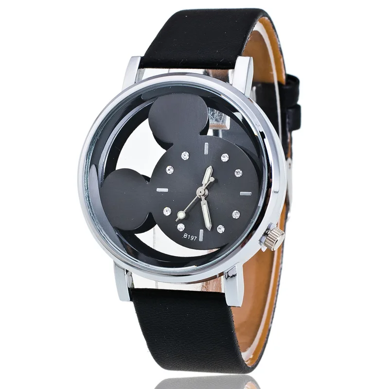 

Hot Sales Fashion transparent hollow dial leather cartoon watch children girls women dress quartz wristwatches relogio feminino