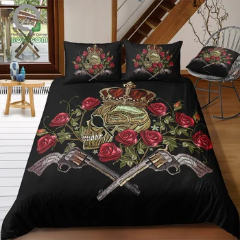 

BOMCOM 3D Digital Printing Duvet cover set Embroidery Skull Crown Revolvers Roses Bedding Set 100% Microfiber