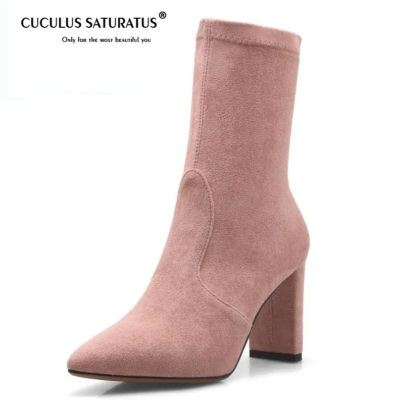 

Cuculus 5 Colors High Heel Women Boots Real Leather Pointed Toe Mid Calf Boots Sexy Sock Boots Women' Shoes Size 34-39 1231