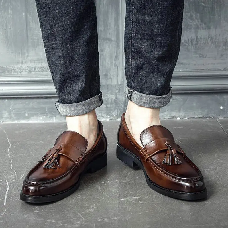 

Men Flats Leather Oxfords Formal Shoes Men Dress Shoes Handmade Brogue Style Party Leather Wedding tassel loafers Shoes A51-12