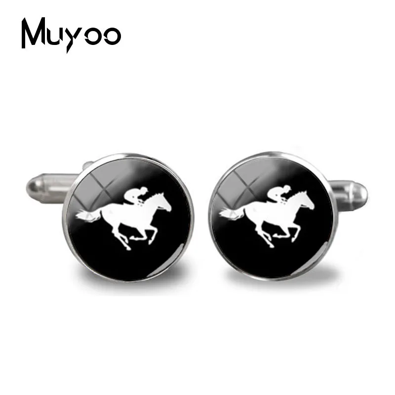 

2018 New Riding Horse Silver Round Cufflink Black White Horse Silhouette Cuff Shirt Cufflinks For Mens Glass Dome Jewelry