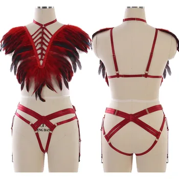 

Women Harness Bra Garter Belt Set Harajuku Feathers Shoulder Epaulettes Sexy Cage Strappy Top Elastic Adjust Lingerie Art