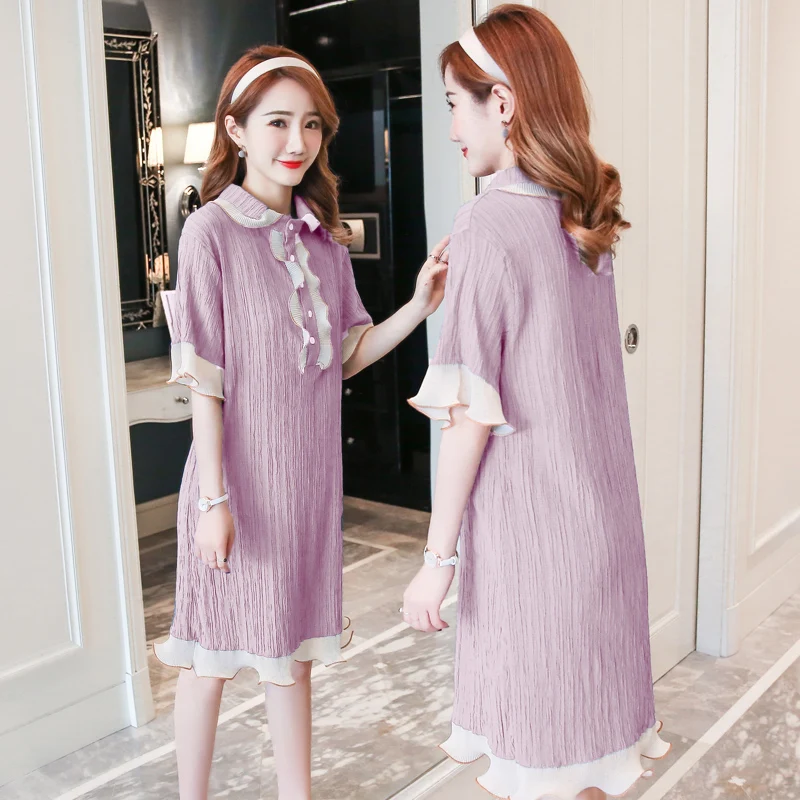 

Goaryunve Preppy Style Ruffles Peter Pan Collar Pregnant Women Dress Plus Size Short Sleeve Maternity Mini Dress Pachwork Ruffle