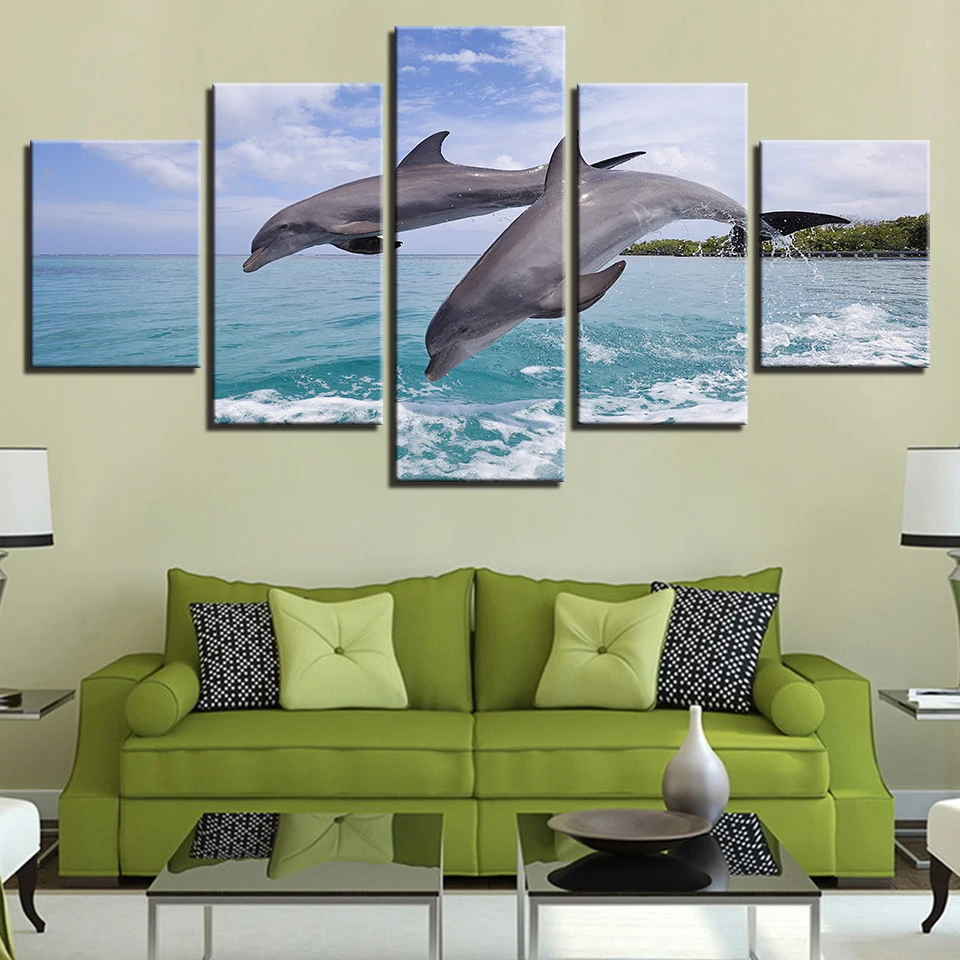 

Canvas Pictures Home Decor Wall Art HD Prints Animal Seascape Poster 5 Pieces Happy Jumping Dolphins Paintings Modular Framework