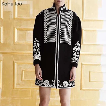 

KoHuIjoo Stand Collar Long Wool Coat Women Spring Autumn Winter Embroidery Retro Coat Female Vintage Woolen Jacket
