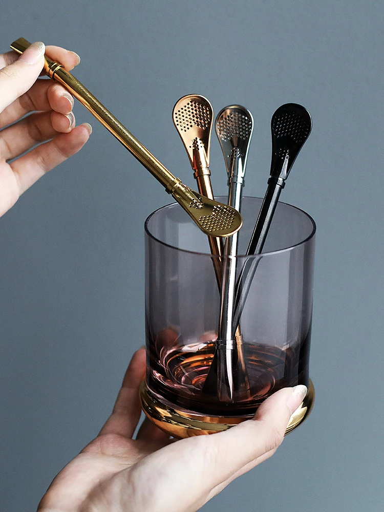 Reusable Stainless Steel Filter Straw Spoon Rose Gold Yerba Mate Tea