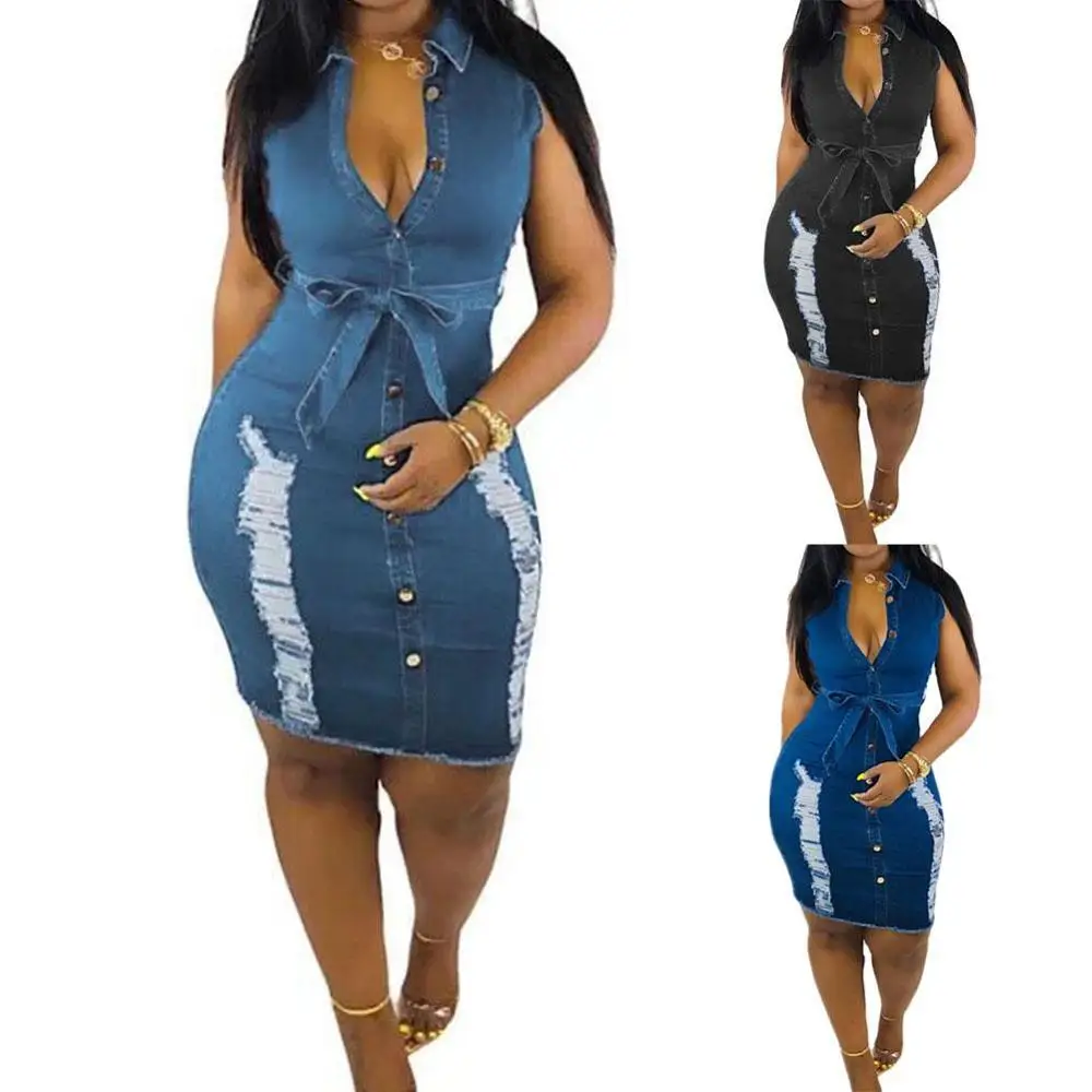

2019 Summer High Waist Sleeveless Denim Hole Women Dress Fashion Sexy Single Button Bodycon Jeans Mini Dress Vestidos S-3XL