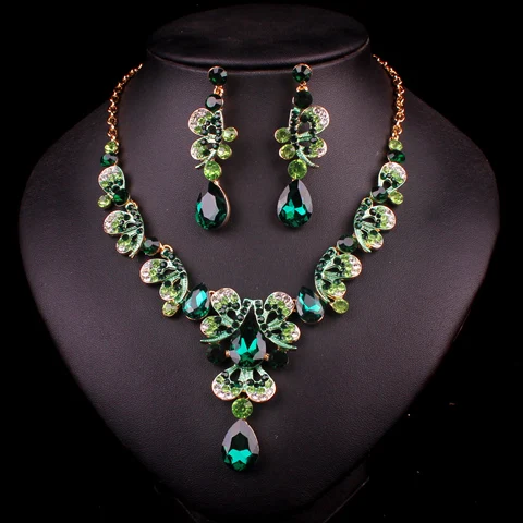 Мода бабочка Синие стразы кристалл ожерелье серьги вечерние свадебные ювелирные наборы украшения аксессуары подарок на Рождество для женщин - Окраска металла: green
