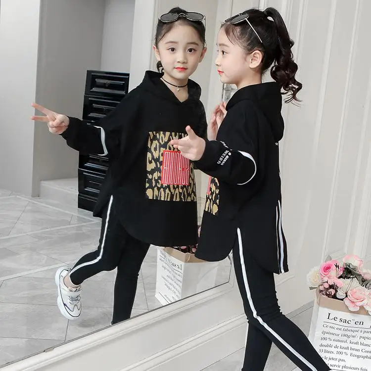 Children clothes Boutique kids girls clothing Autumn spring little girls set tops+pants tracksuit outfit tracksuit 4 10 12 year - Цвет: black