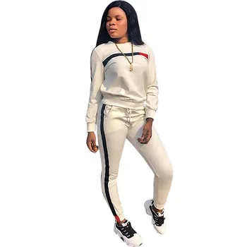 

2018 Autumn Winter Women's Casual 2 Piece Set Striped Long Sleeve Hoodie Top and Long Pants Active Tracksuit Female Suits