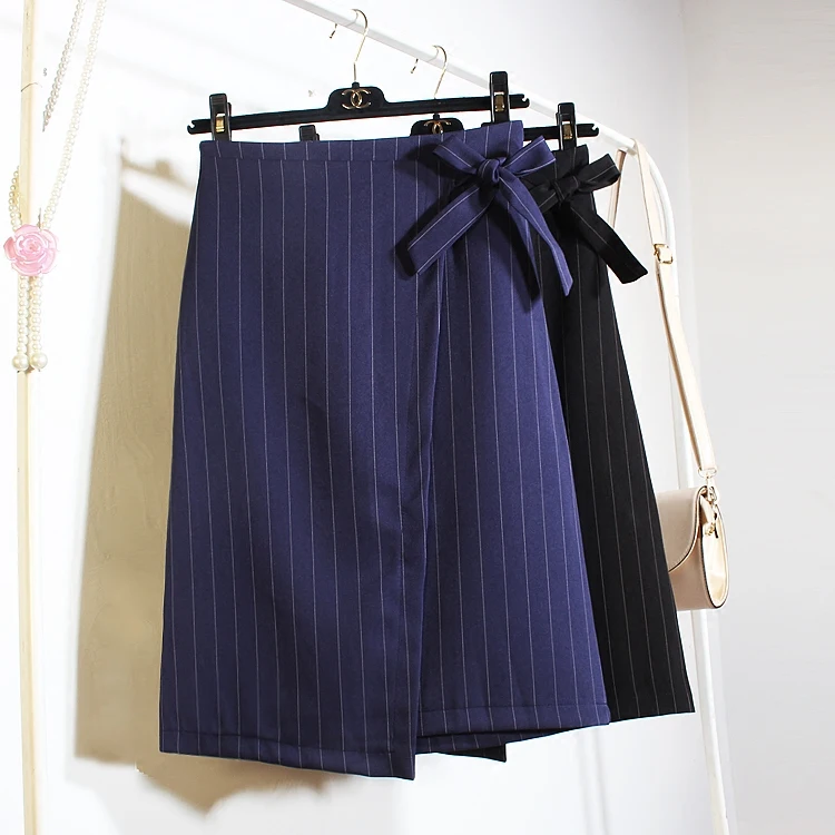 Fall Fashion Medium Long Skirts Women Package Hip Stripes Lace Up Waist