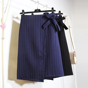 

Fall Fashion Medium Long Skirts Women Package Hip Stripes Lace Up Waist Irregular OL One Step Slim Skirts Lady Office Wear