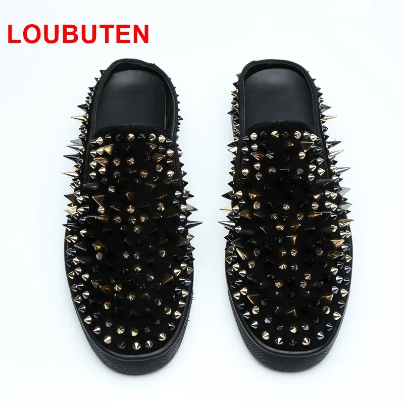 LOUBUTEN Black Suede Men Shoes Luxury Fashion Spiked Loafers Men Handmade Slippers Plus Size Slip-on Men Casual Shoes