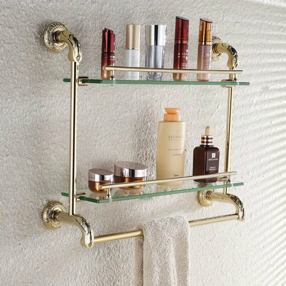 Genuine Golden Carved Bathroom Glass Shelf Bathroom Stainless Steel Rack Towel Rack lo820545in