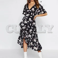 CUERLY V-neck bohemian floral print women sexy dress Elegant sash A-line ruffled summer dress Short sleeve holiday dress CUERLY V-neck bohemian floral print women sexy dress Elegant sash A-line ruffled summer dress Short sleeve holiday dress