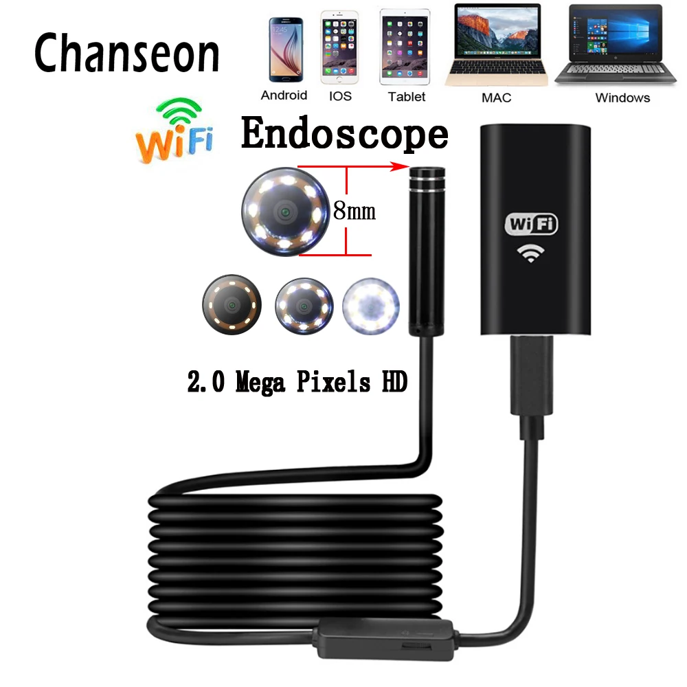 Chanseon New WIFI Endoscope Camera 8mm 8 LED HD 2.0MP 1M Mini Waterproof Wireless Borescope Camera For Android PC IOS Endoscope Chanseon New WIFI Endoscope Camera 8mm 8 LED HD 2.0MP 1M Mini Waterproof Wireless Borescope Camera For Android PC IOS Endoscope