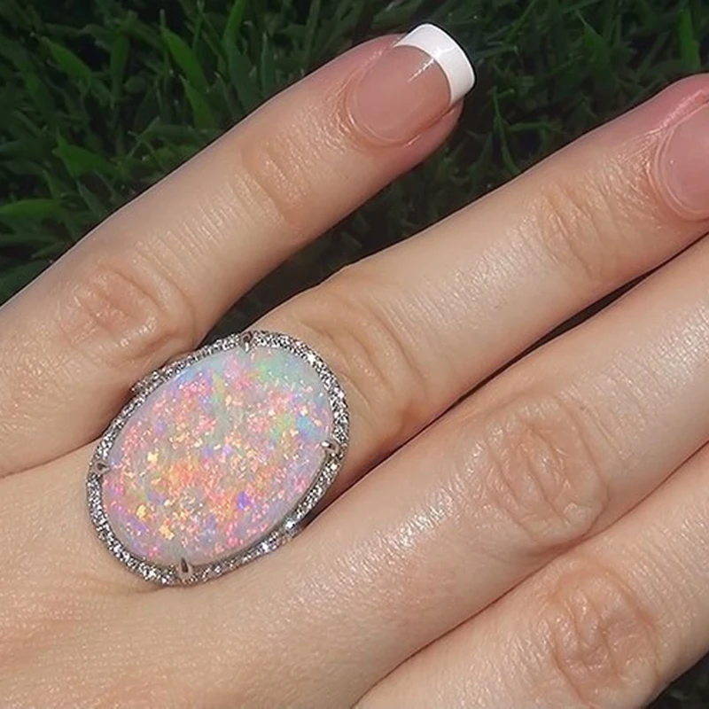 

HOMOD Antique Silver Oval Large Opal Ring Boho Jewelry Moonstone Gems Ring Wedding Engagement Jewellery